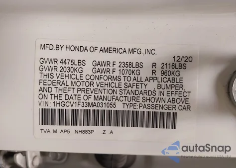 2021 Honda Accord Sport из США, поврежденный, VIN 1HGCV1F33MA031055